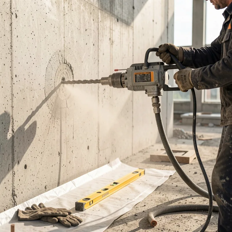 Carottage en cours dans un mur de façade avec carotteuse diamantée et aspiration