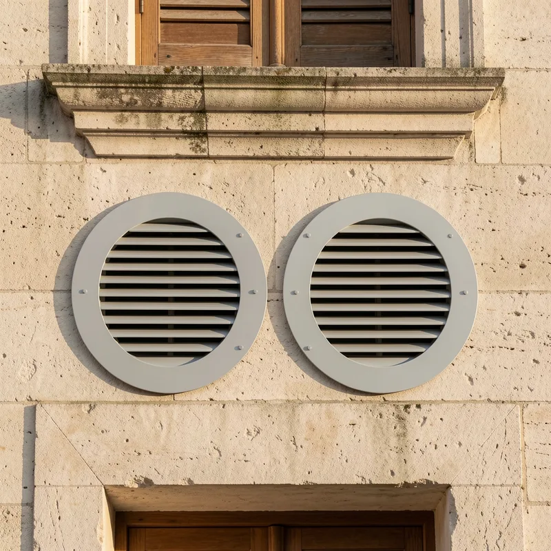 Grilles rondes de ventilation d&rsquo;un climatiseur monobloc sur une façade en pierre claire