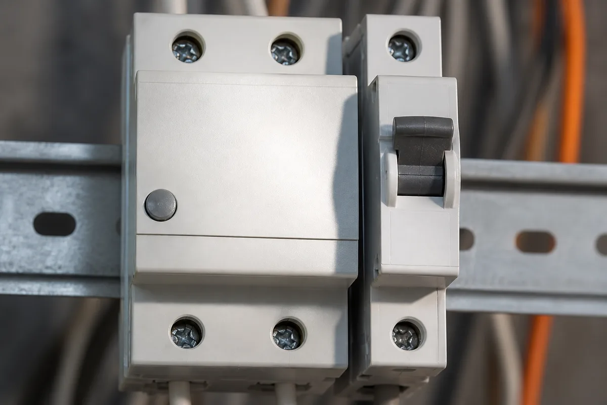 Vue rapprochée de deux protections modulaires alignées dans un tableau, différentiel et disjoncteur côte à côte
