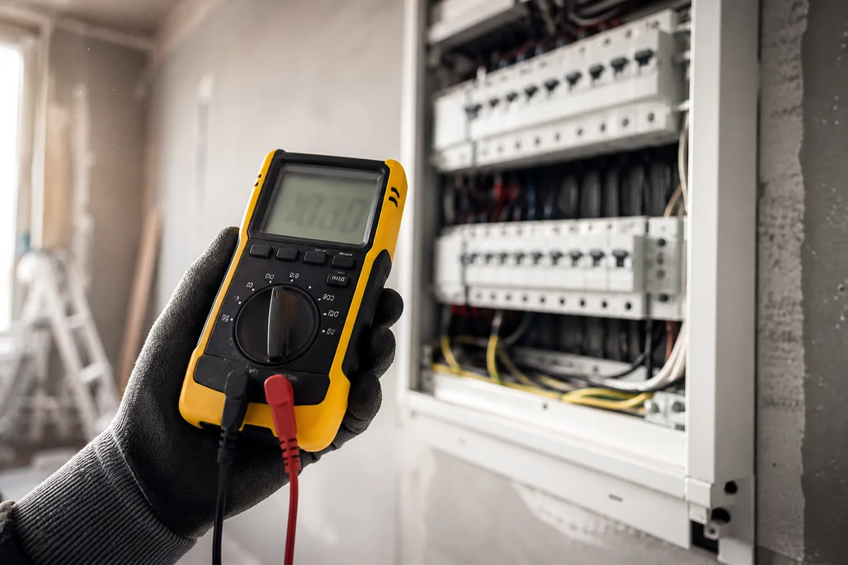 Contrôle d&rsquo;une installation avec appareil de mesure devant un coffret électrique ouvert