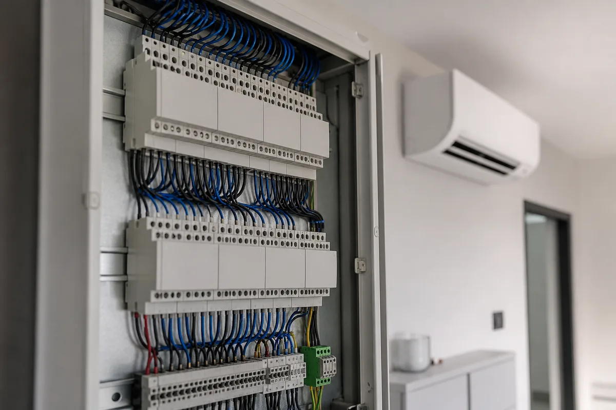Modules de pilotage installés en rangée dans un coffret électrique résidentiel