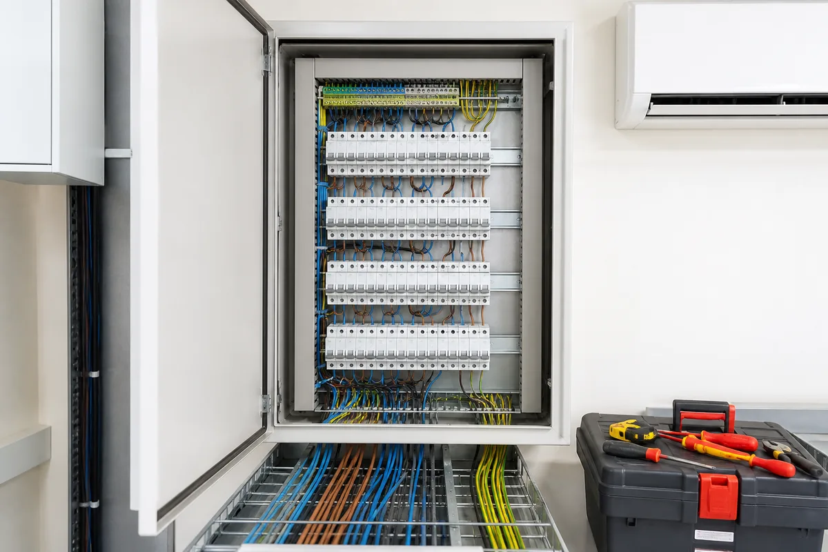 Tableau électrique ouvert montrant deux rangées de disjoncteurs modulaires reliées par un peigne d'alimentation