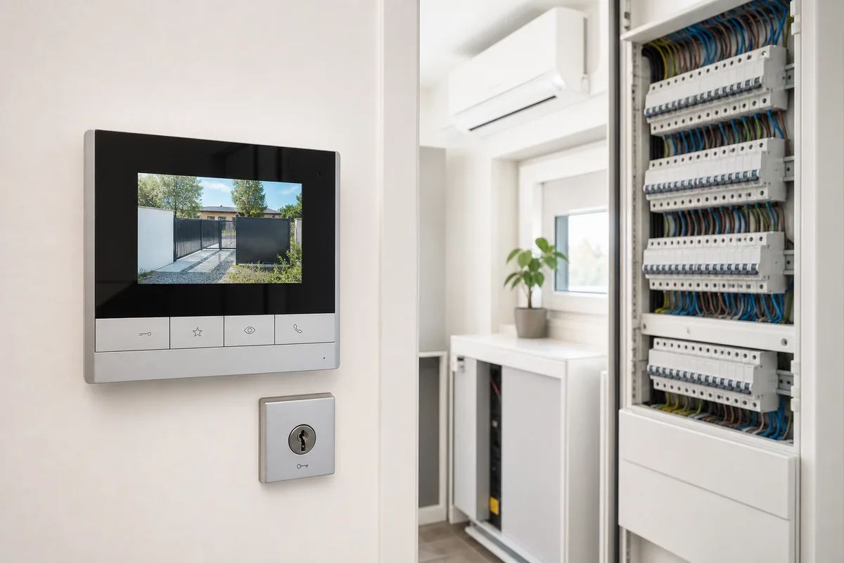 Poste intérieur de visiophone installé dans une entrée avec sa commande d&rsquo;ouverture